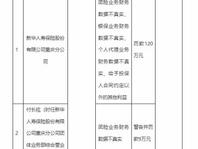 新华保险重庆分公司被罚120万元：因团险业务财务数据不真实等违法违规行为